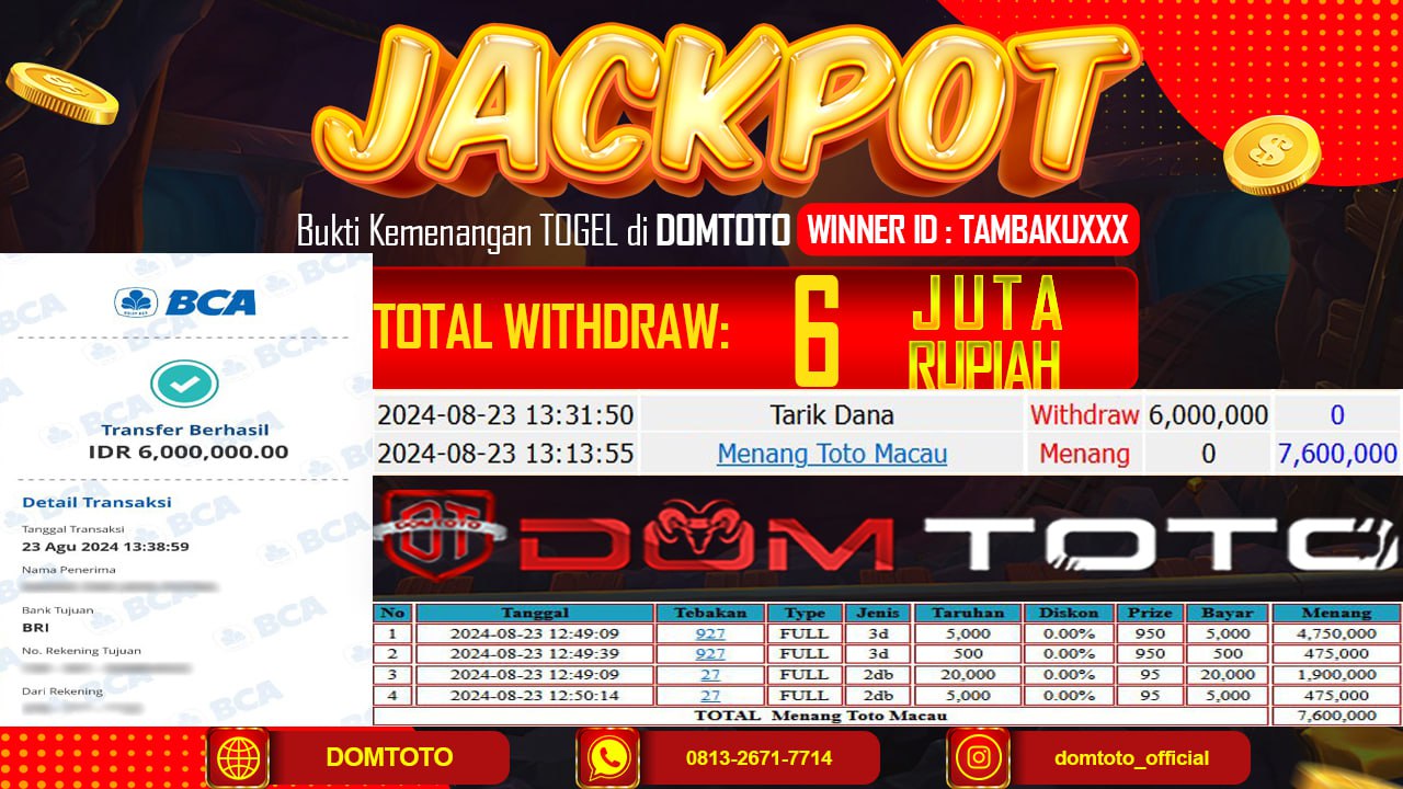 JACKPOT TOGEL TOTO MACAU 23 AGUSTUS 2024